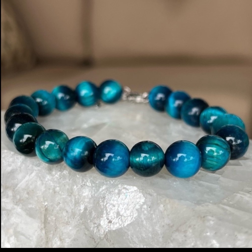 Blue Tiger’s Eye Beaded Sterling Silver Bracelet